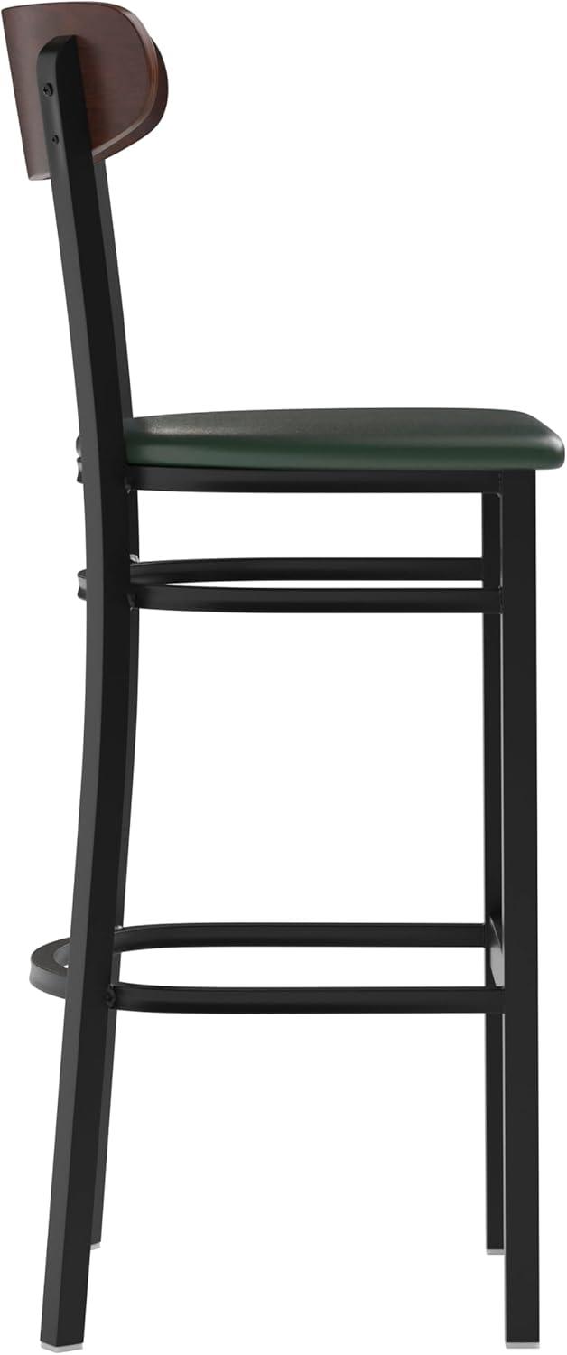 image:imageFlash Furniture Wright Set of 2 Commercial Barstools Walnut Wood Boomerang Back Black Vinyl Seat 500 LB Capacity Black Steel Frame Integrated FootrestWalnut Wood BackGreen Vinyl Seat