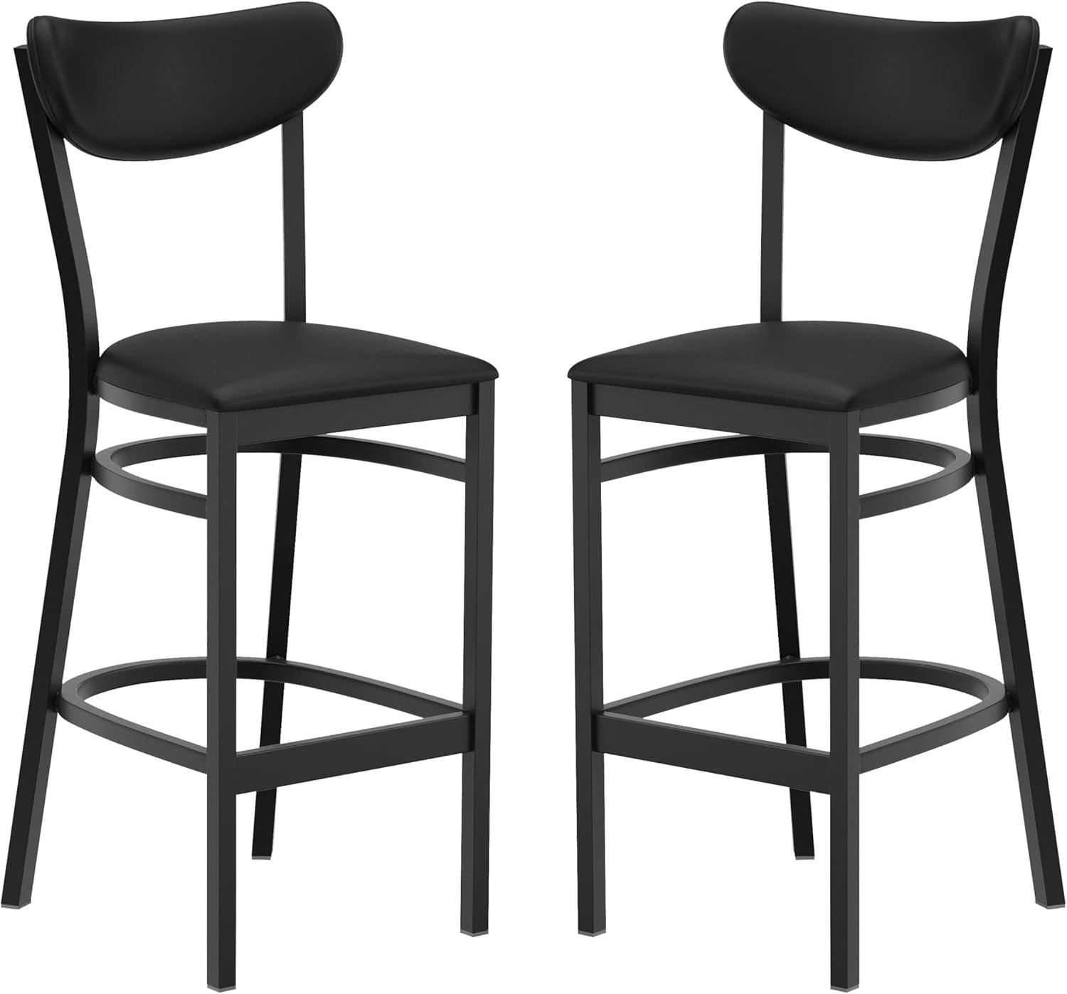 image:imageFlash Furniture Wright Set of 2 Commercial Barstools Walnut Wood Boomerang Back Black Vinyl Seat 500 LB Capacity Black Steel Frame Integrated FootrestBlack Vinyl BackBlack Vinyl Seat