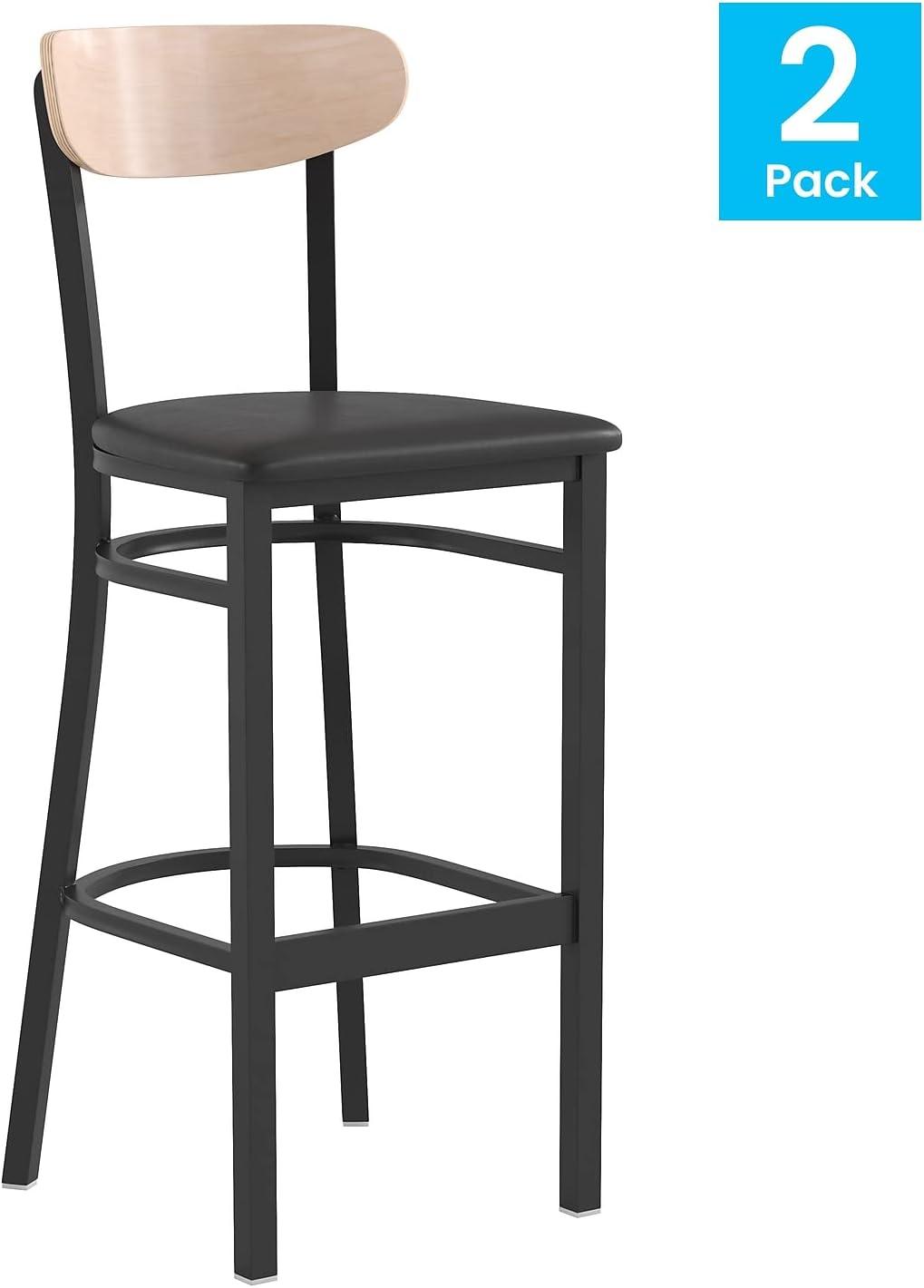 image:imageFlash Furniture Wright Set of 2 Commercial Barstools Walnut Wood Boomerang Back Black Vinyl Seat 500 LB Capacity Black Steel Frame Integrated FootrestNatural Birch Wood BackBlack Vinyl Seat