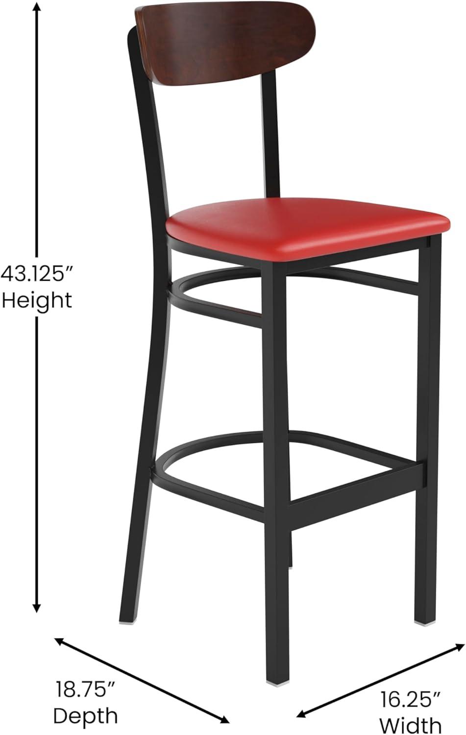 image:imageFlash Furniture Wright Set of 2 Commercial Barstools Walnut Wood Boomerang Back Black Vinyl Seat 500 LB Capacity Black Steel Frame Integrated FootrestWalnut Wood BackRed Vinyl Seat