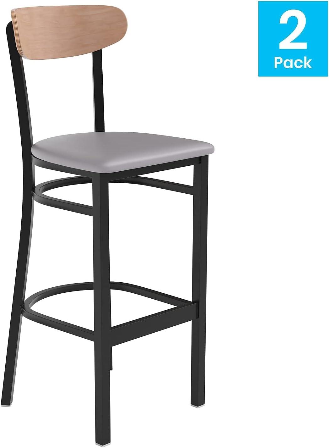 image:imageFlash Furniture Wright Set of 2 Commercial Barstools Walnut Wood Boomerang Back Black Vinyl Seat 500 LB Capacity Black Steel Frame Integrated FootrestNatural Birch Wood BackGray Vinyl Seat