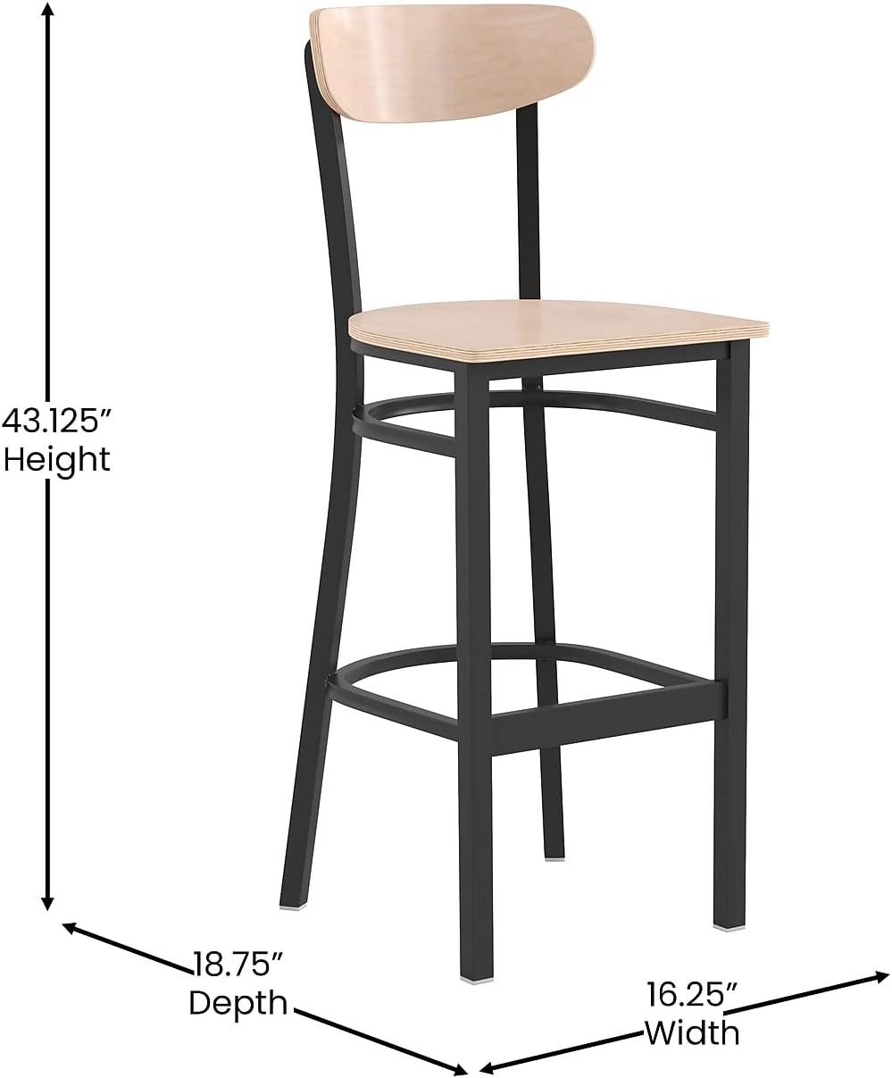 image:imageFlash Furniture Wright Set of 2 Commercial Barstools Walnut Wood Boomerang Back Black Vinyl Seat 500 LB Capacity Black Steel Frame Integrated FootrestNatural Birch
