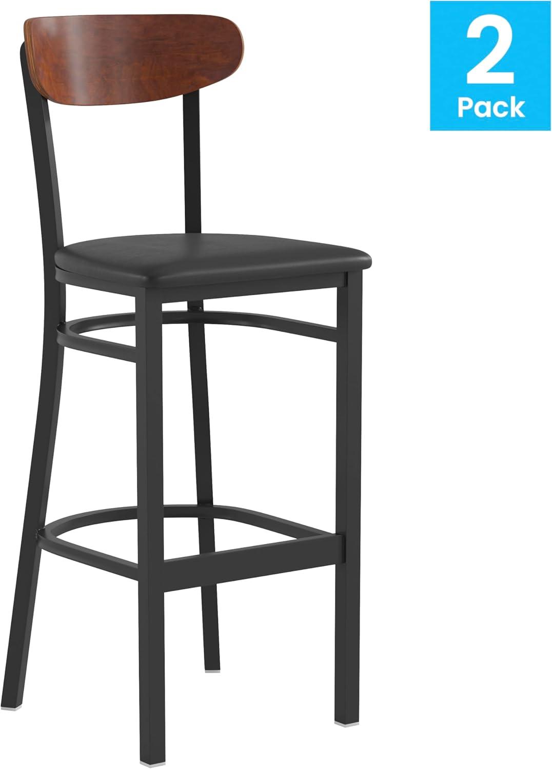 image:imageFlash Furniture Wright Set of 2 Commercial Barstools Walnut Wood Boomerang Back Black Vinyl Seat 500 LB Capacity Black Steel Frame Integrated FootrestWalnut Wood BackBlack Vinyl Seat