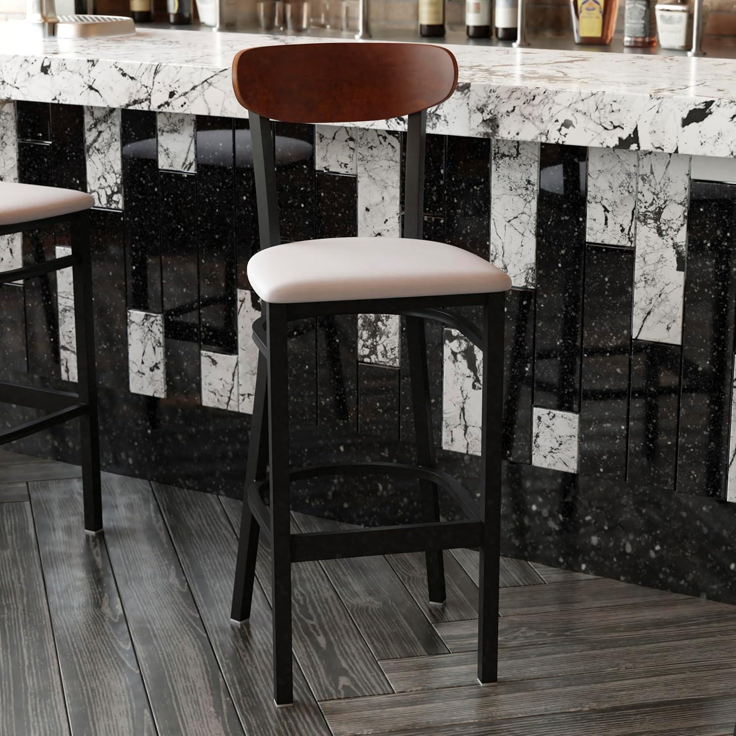image:imageFlash Furniture Wright Set of 2 Commercial Barstools Walnut Wood Boomerang Back Black Vinyl Seat 500 LB Capacity Black Steel Frame Integrated FootrestWalnut Wood BackGray Vinyl Seat