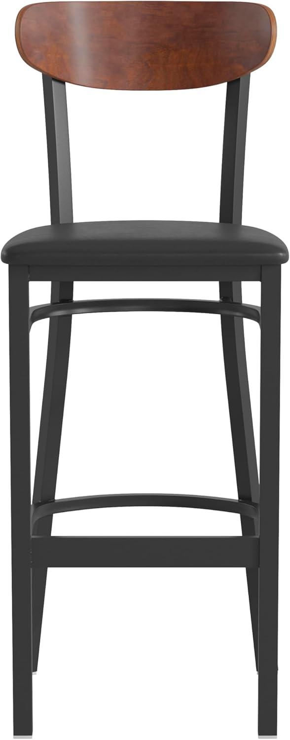 image:imageFlash Furniture Wright Set of 2 Commercial Barstools Walnut Wood Boomerang Back Black Vinyl Seat 500 LB Capacity Black Steel Frame Integrated FootrestWalnut Wood BackBlack Vinyl Seat
