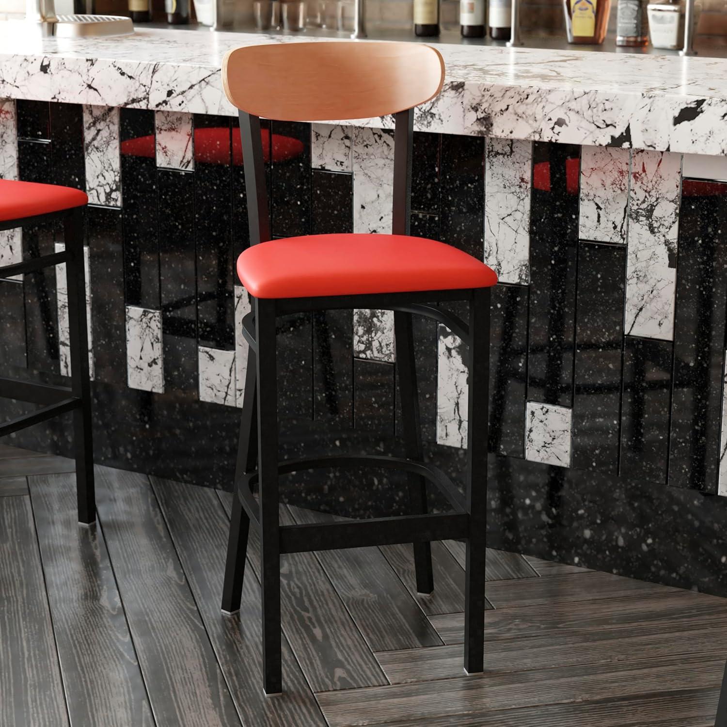 image:imageFlash Furniture Wright Set of 2 Commercial Barstools Walnut Wood Boomerang Back Black Vinyl Seat 500 LB Capacity Black Steel Frame Integrated FootrestNatural Birch Wood BackRed Vinyl Seat