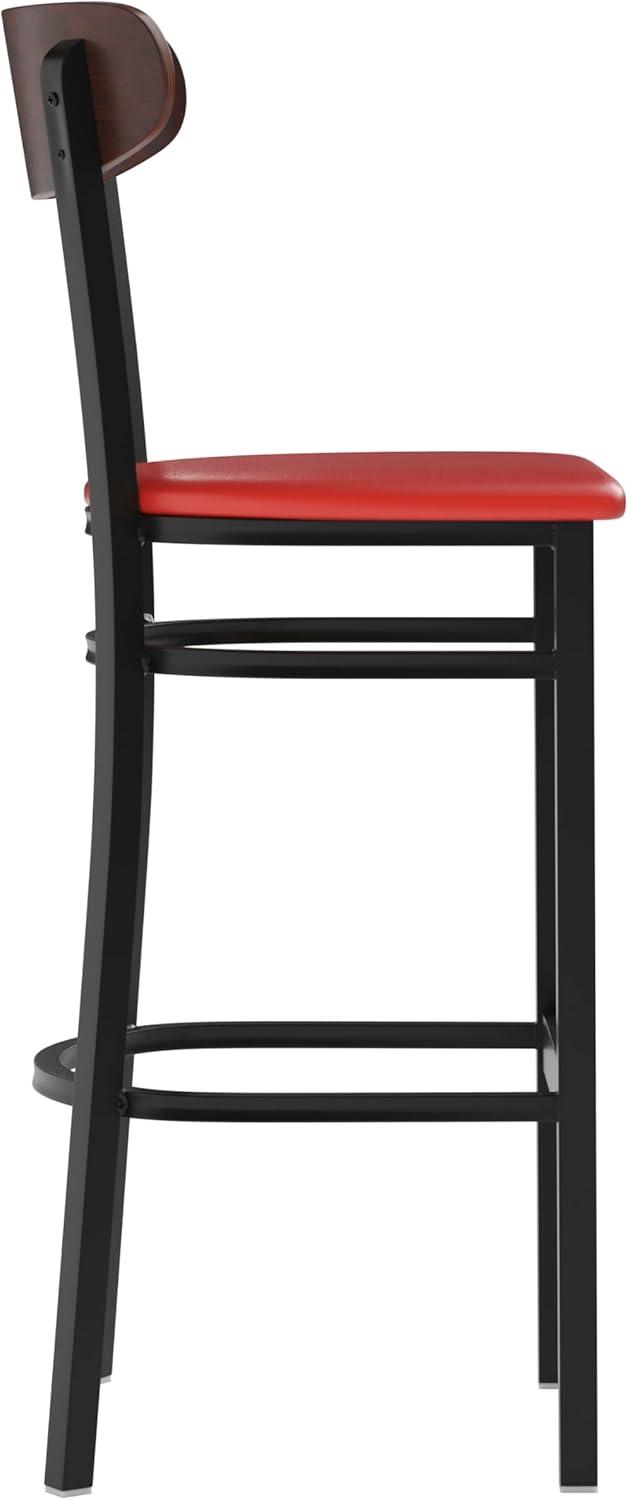 image:imageFlash Furniture Wright Set of 2 Commercial Barstools Walnut Wood Boomerang Back Black Vinyl Seat 500 LB Capacity Black Steel Frame Integrated FootrestWalnut Wood BackRed Vinyl Seat