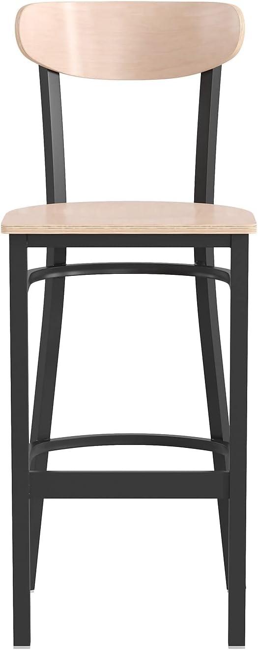 image:imageFlash Furniture Wright Set of 2 Commercial Barstools Walnut Wood Boomerang Back Black Vinyl Seat 500 LB Capacity Black Steel Frame Integrated FootrestNatural Birch