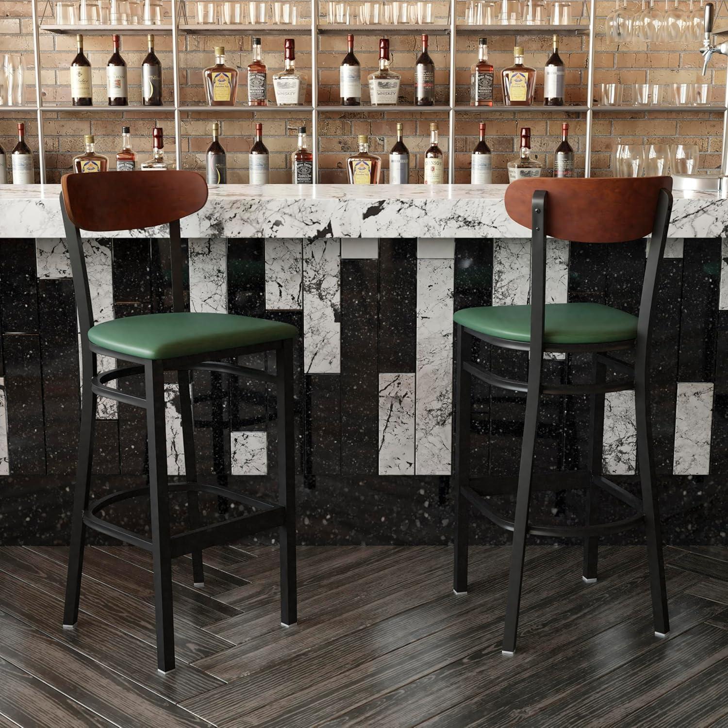 image:imageFlash Furniture Wright Set of 2 Commercial Barstools Walnut Wood Boomerang Back Black Vinyl Seat 500 LB Capacity Black Steel Frame Integrated FootrestWalnut Wood BackGreen Vinyl Seat