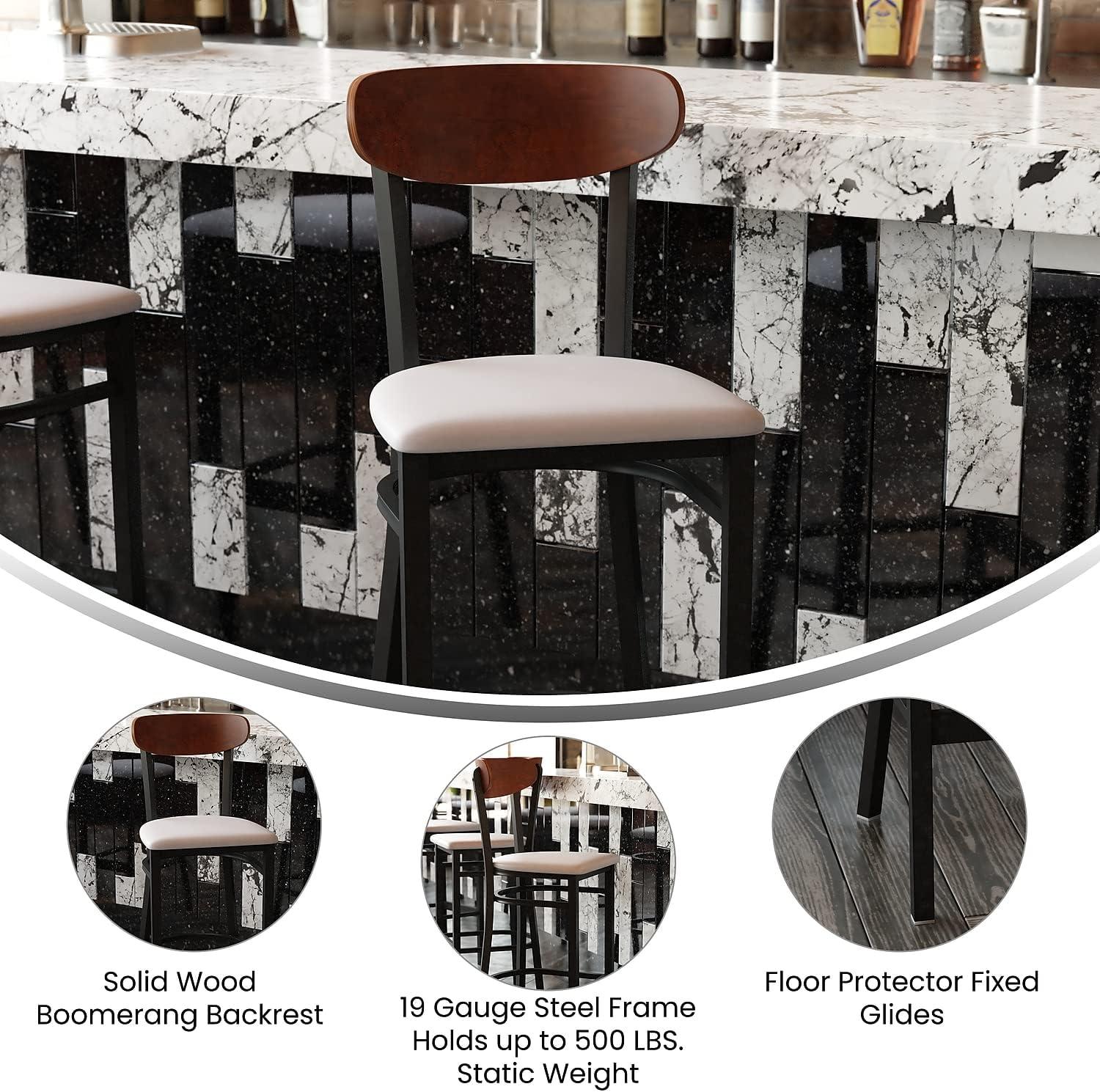 image:imageFlash Furniture Wright Set of 2 Commercial Barstools Walnut Wood Boomerang Back Black Vinyl Seat 500 LB Capacity Black Steel Frame Integrated FootrestWalnut Wood BackGray Vinyl Seat