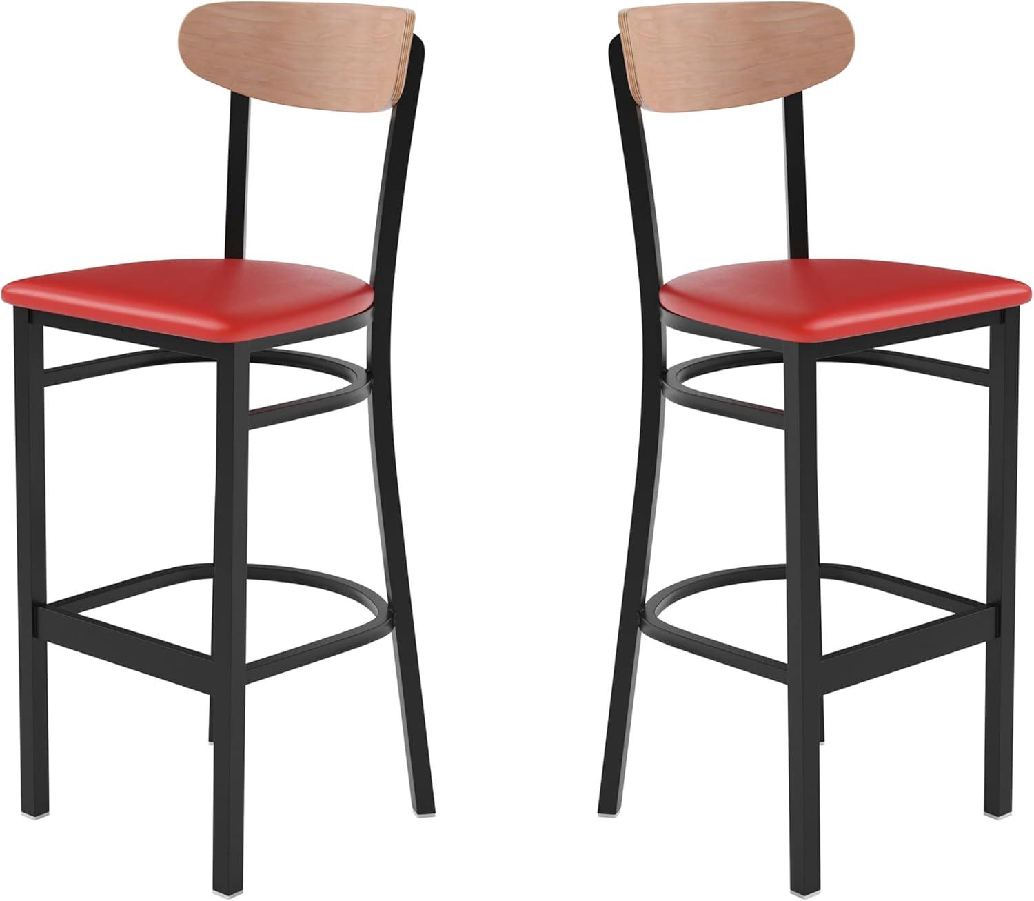image:imageFlash Furniture Wright Set of 2 Commercial Barstools Walnut Wood Boomerang Back Black Vinyl Seat 500 LB Capacity Black Steel Frame Integrated FootrestNatural Birch Wood BackRed Vinyl Seat