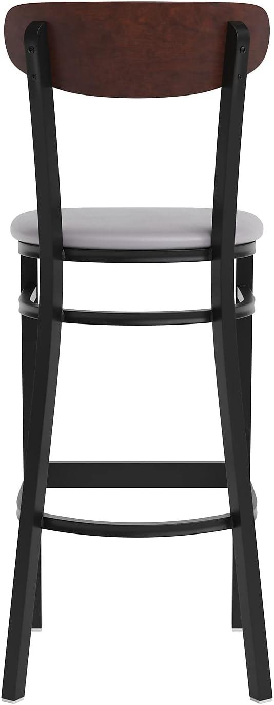 image:imageFlash Furniture Wright Set of 2 Commercial Barstools Walnut Wood Boomerang Back Black Vinyl Seat 500 LB Capacity Black Steel Frame Integrated FootrestWalnut Wood BackGray Vinyl Seat