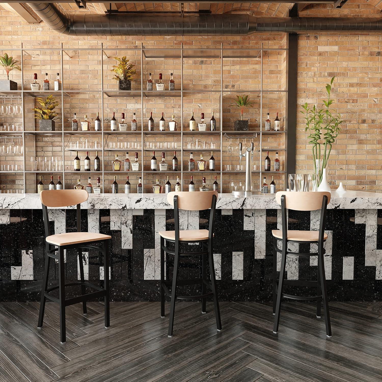 image:imageFlash Furniture Wright Set of 2 Commercial Barstools Walnut Wood Boomerang Back Black Vinyl Seat 500 LB Capacity Black Steel Frame Integrated FootrestNatural Birch