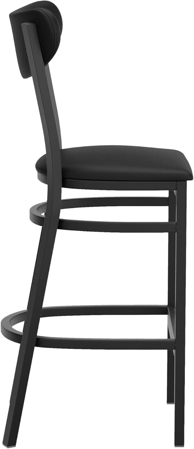 image:imageFlash Furniture Wright Set of 2 Commercial Barstools Walnut Wood Boomerang Back Black Vinyl Seat 500 LB Capacity Black Steel Frame Integrated FootrestBlack Vinyl BackBlack Vinyl Seat