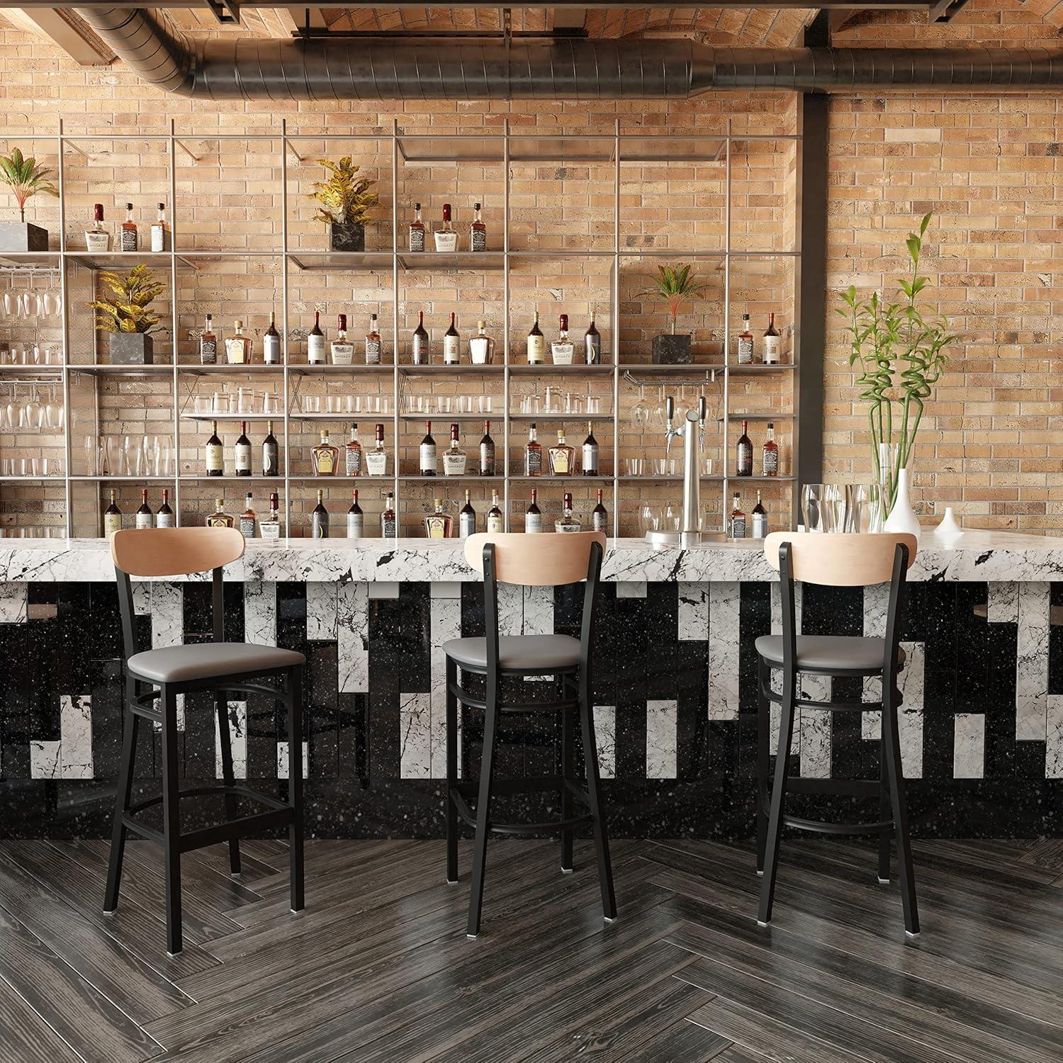 image:imageFlash Furniture Wright Set of 2 Commercial Barstools Walnut Wood Boomerang Back Black Vinyl Seat 500 LB Capacity Black Steel Frame Integrated FootrestNatural Birch Wood BackGray Vinyl Seat