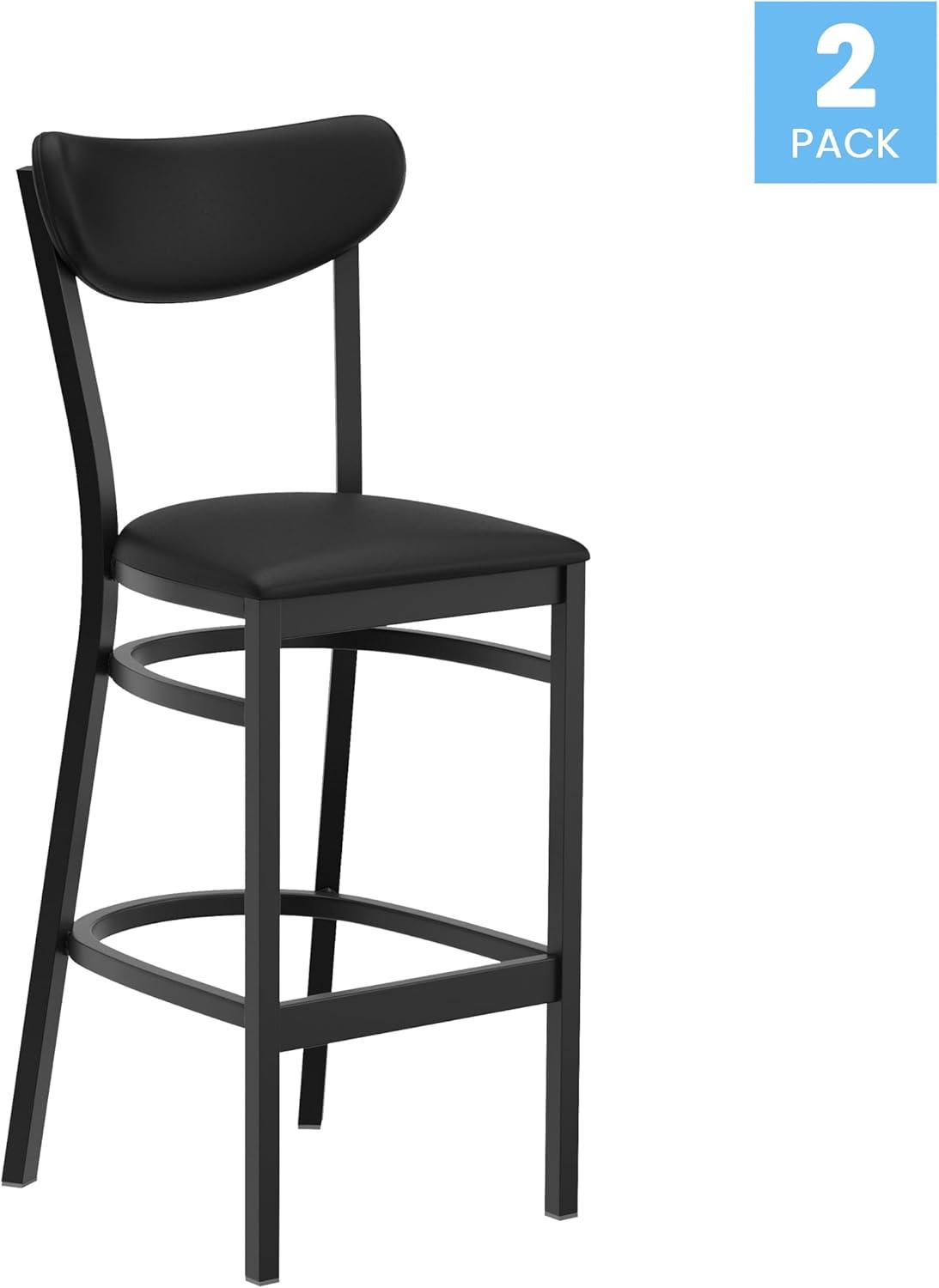 image:imageFlash Furniture Wright Set of 2 Commercial Barstools Walnut Wood Boomerang Back Black Vinyl Seat 500 LB Capacity Black Steel Frame Integrated FootrestBlack Vinyl BackBlack Vinyl Seat