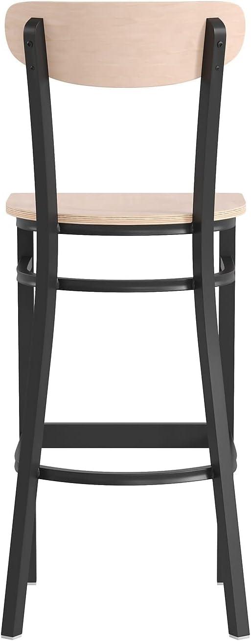 image:imageFlash Furniture Wright Set of 2 Commercial Barstools Walnut Wood Boomerang Back Black Vinyl Seat 500 LB Capacity Black Steel Frame Integrated FootrestNatural Birch