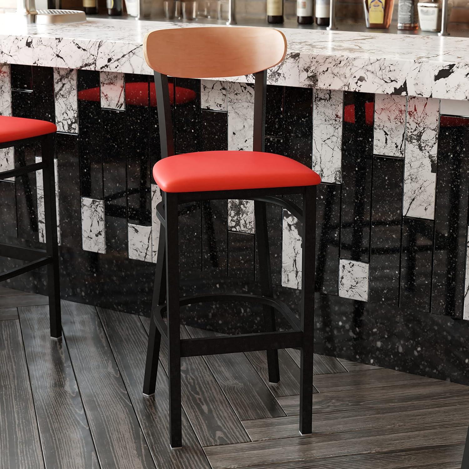 image:imageFlash Furniture Wright Set of 2 Commercial Barstools Walnut Wood Boomerang Back Black Vinyl Seat 500 LB Capacity Black Steel Frame Integrated FootrestNatural Birch Wood BackRed Vinyl Seat