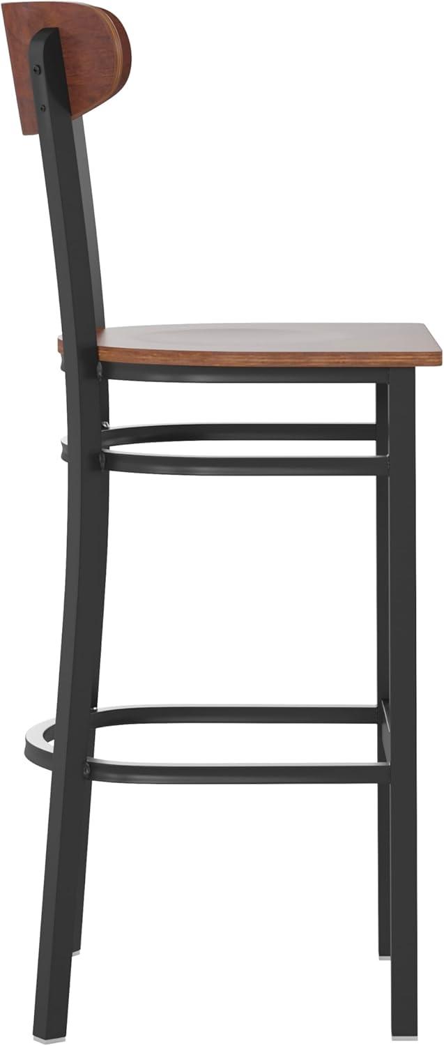 image:imageFlash Furniture Wright Set of 2 Commercial Barstools Walnut Wood Boomerang Back Black Vinyl Seat 500 LB Capacity Black Steel Frame Integrated FootrestWalnut