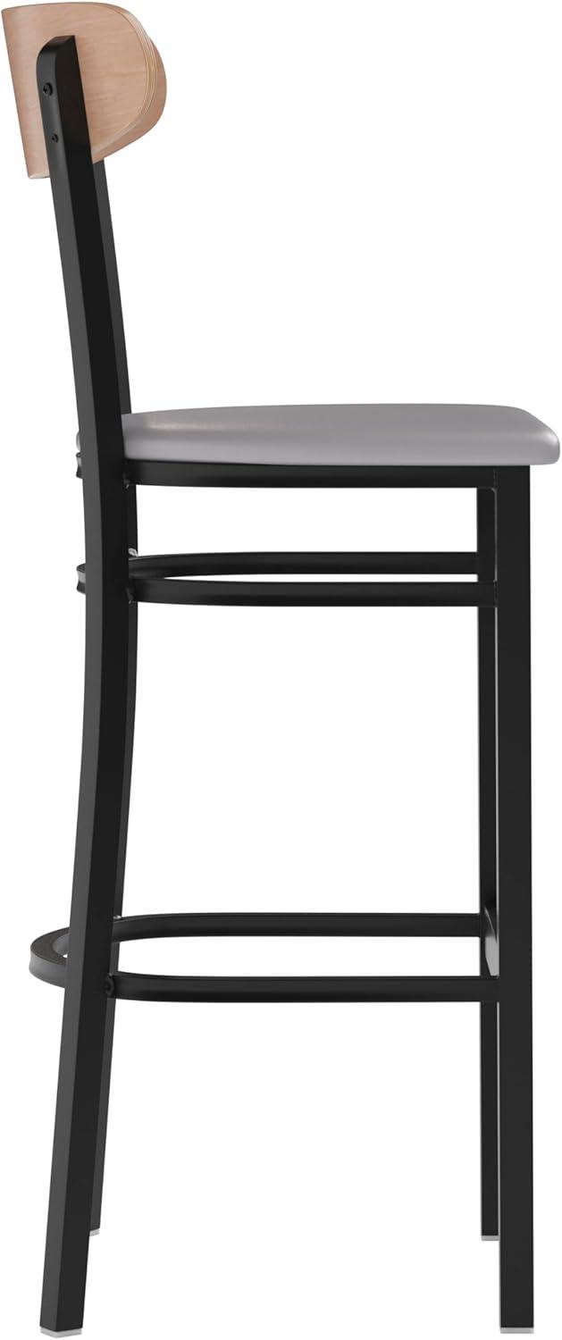 image:imageFlash Furniture Wright Set of 2 Commercial Barstools Walnut Wood Boomerang Back Black Vinyl Seat 500 LB Capacity Black Steel Frame Integrated FootrestNatural Birch Wood BackGray Vinyl Seat