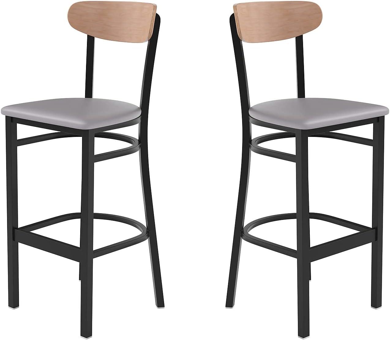 image:imageFlash Furniture Wright Set of 2 Commercial Barstools Walnut Wood Boomerang Back Black Vinyl Seat 500 LB Capacity Black Steel Frame Integrated FootrestNatural Birch Wood BackGray Vinyl Seat
