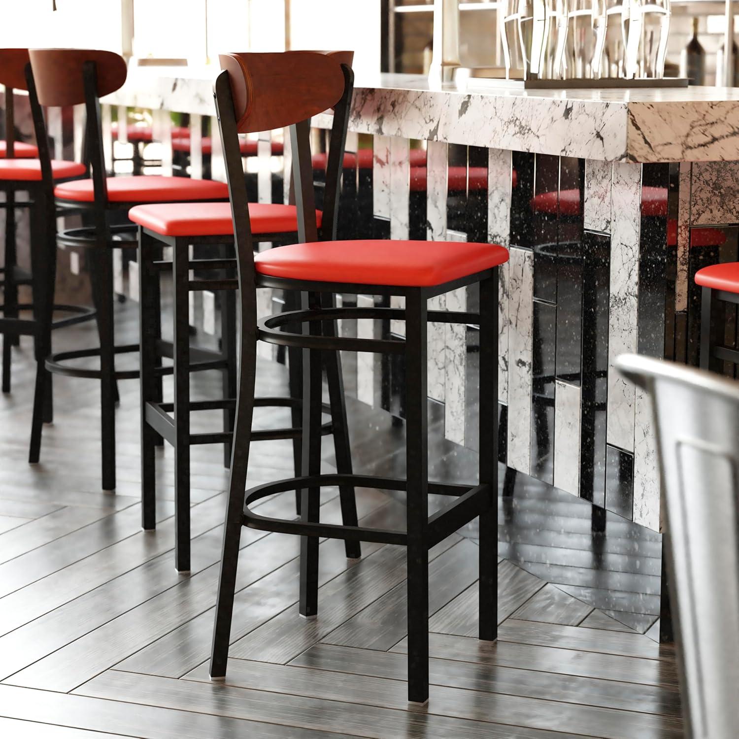 image:imageFlash Furniture Wright Set of 2 Commercial Barstools Walnut Wood Boomerang Back Black Vinyl Seat 500 LB Capacity Black Steel Frame Integrated FootrestWalnut Wood BackRed Vinyl Seat