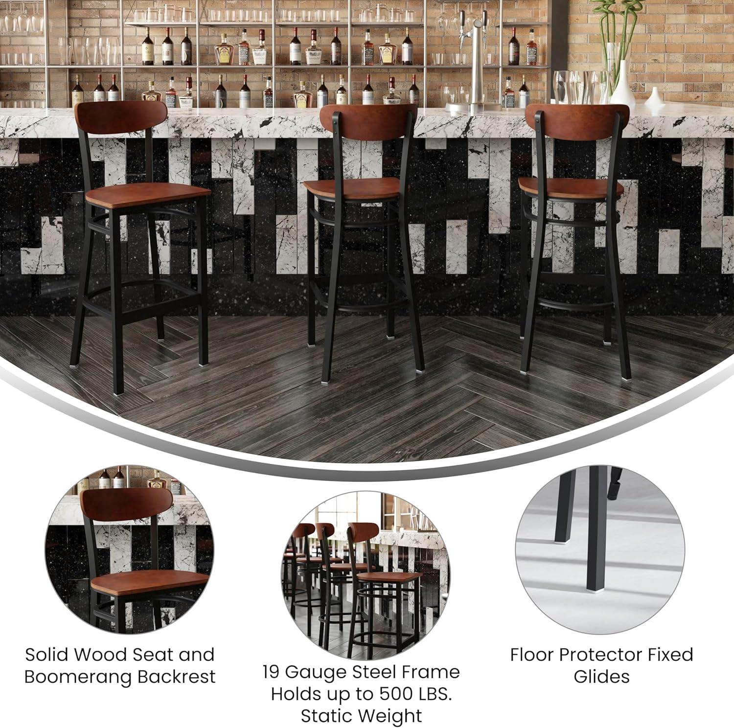 image:imageFlash Furniture Wright Set of 2 Commercial Barstools Walnut Wood Boomerang Back Black Vinyl Seat 500 LB Capacity Black Steel Frame Integrated FootrestWalnut