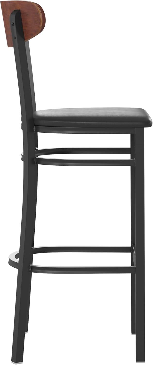 image:imageFlash Furniture Wright Set of 2 Commercial Barstools Walnut Wood Boomerang Back Black Vinyl Seat 500 LB Capacity Black Steel Frame Integrated FootrestWalnut Wood BackBlack Vinyl Seat
