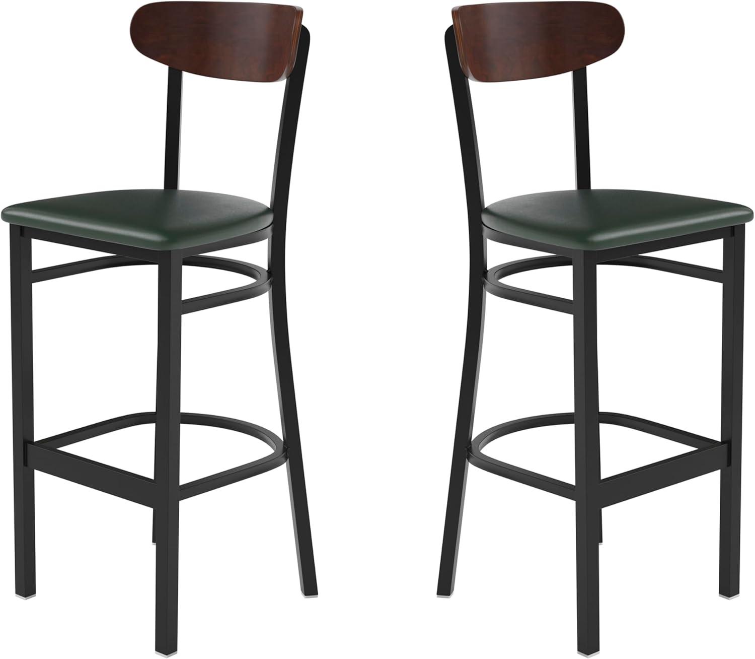 image:imageFlash Furniture Wright Set of 2 Commercial Barstools Walnut Wood Boomerang Back Black Vinyl Seat 500 LB Capacity Black Steel Frame Integrated FootrestWalnut Wood BackGreen Vinyl Seat