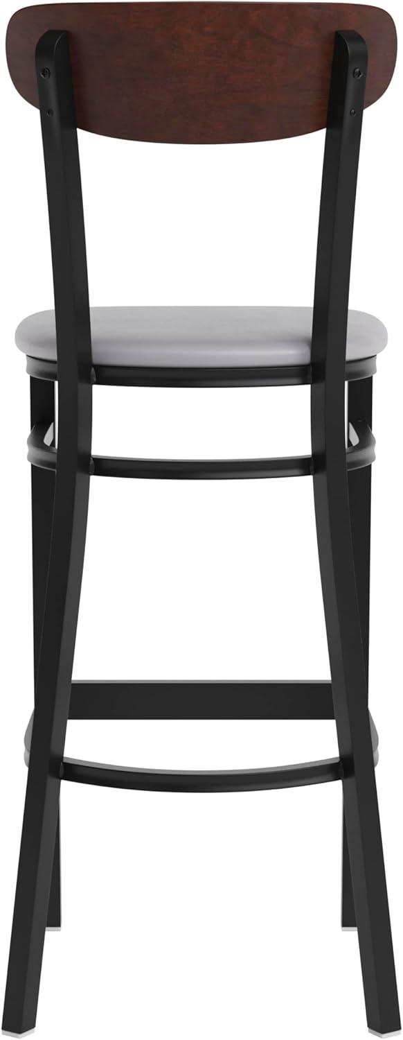 image:imageFlash Furniture Wright Set of 2 Commercial Barstools Walnut Wood Boomerang Back Black Vinyl Seat 500 LB Capacity Black Steel Frame Integrated FootrestWalnut Wood BackGray Vinyl Seat