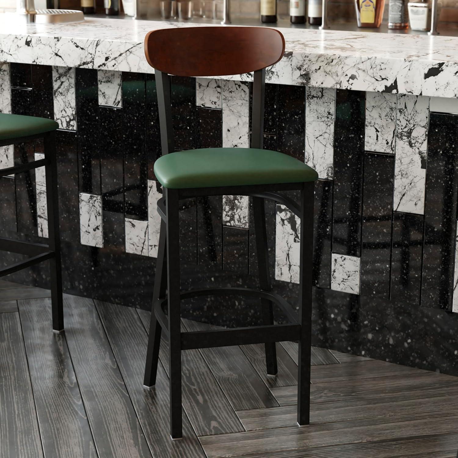 image:imageFlash Furniture Wright Set of 2 Commercial Barstools Walnut Wood Boomerang Back Black Vinyl Seat 500 LB Capacity Black Steel Frame Integrated FootrestWalnut Wood BackGreen Vinyl Seat