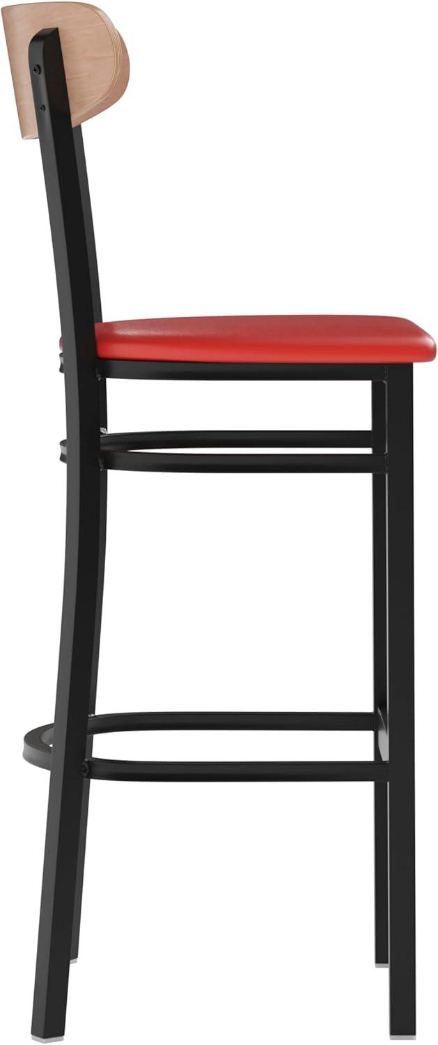 image:imageFlash Furniture Wright Set of 2 Commercial Barstools Walnut Wood Boomerang Back Black Vinyl Seat 500 LB Capacity Black Steel Frame Integrated FootrestNatural Birch Wood BackRed Vinyl Seat