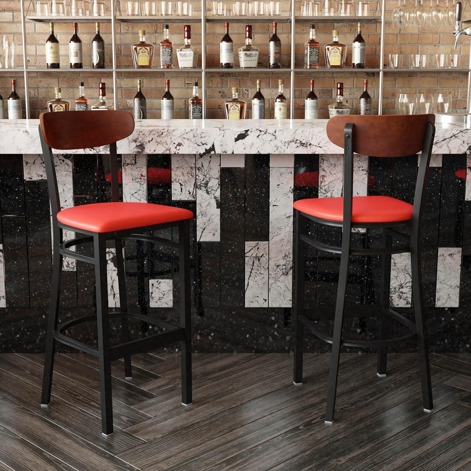 image:imageFlash Furniture Wright Set of 2 Commercial Barstools Walnut Wood Boomerang Back Black Vinyl Seat 500 LB Capacity Black Steel Frame Integrated FootrestWalnut Wood BackRed Vinyl Seat
