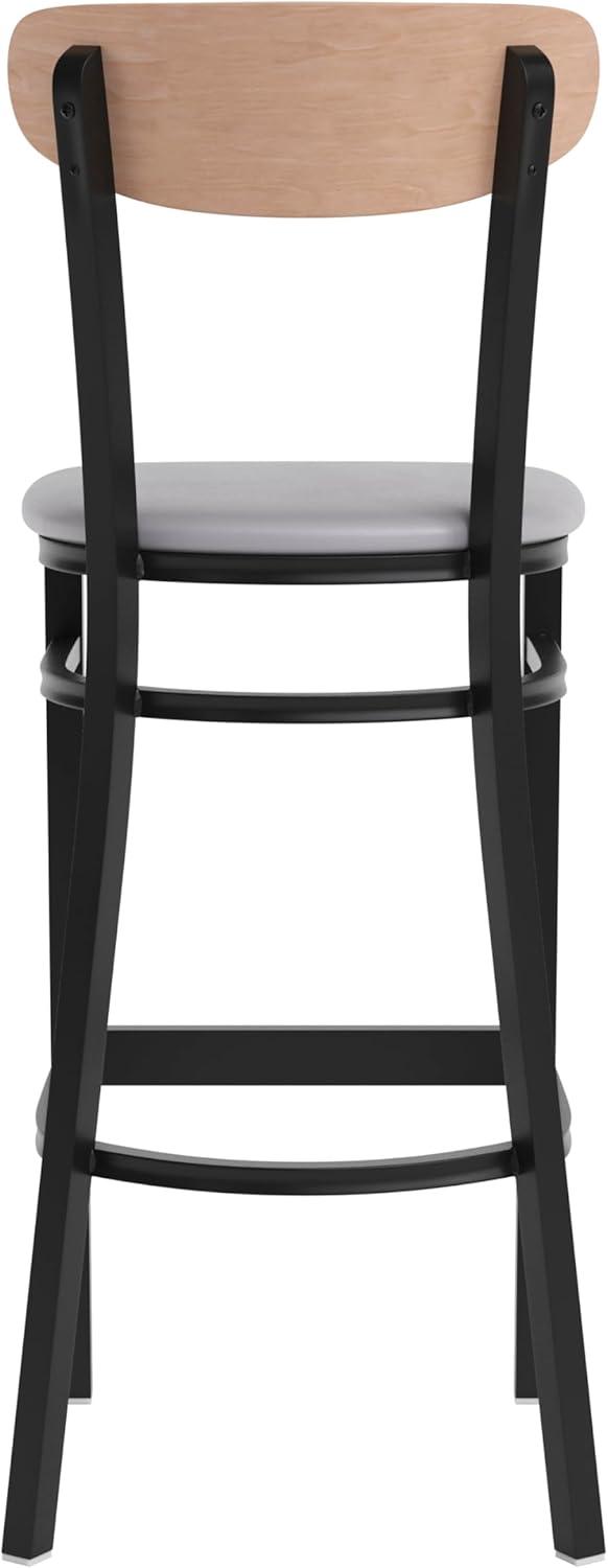 image:imageFlash Furniture Wright Set of 2 Commercial Barstools Walnut Wood Boomerang Back Black Vinyl Seat 500 LB Capacity Black Steel Frame Integrated FootrestNatural Birch Wood BackGray Vinyl Seat
