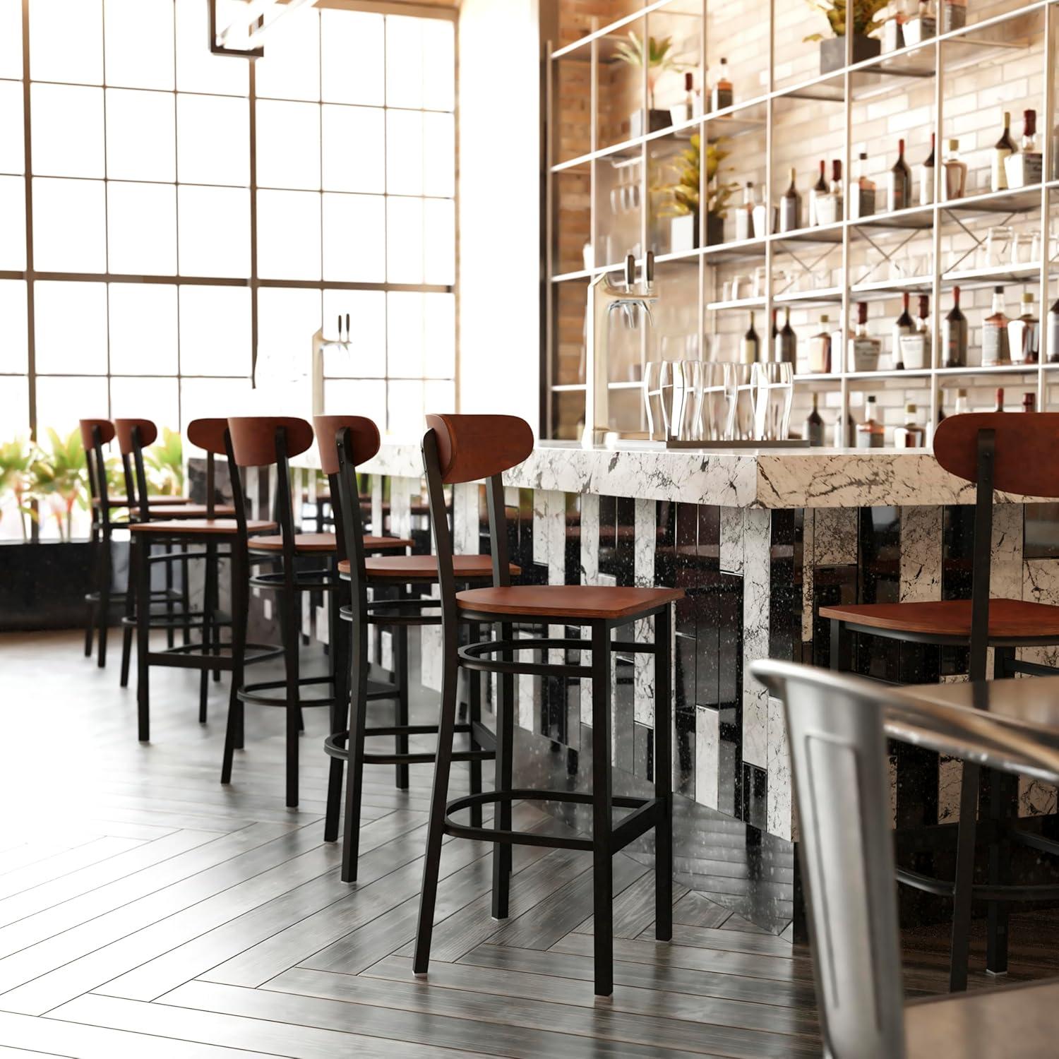 image:imageFlash Furniture Wright Set of 2 Commercial Barstools Walnut Wood Boomerang Back Black Vinyl Seat 500 LB Capacity Black Steel Frame Integrated FootrestWalnut