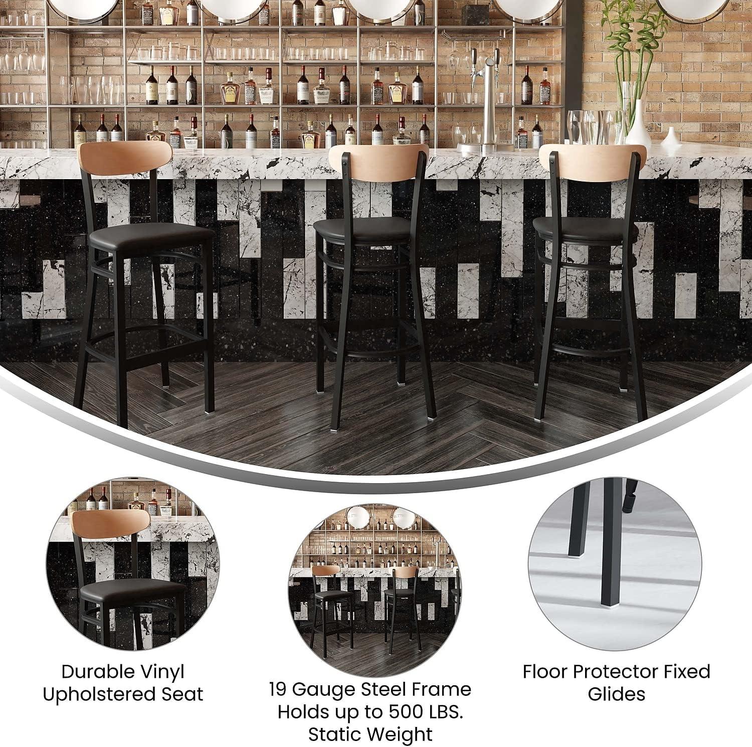 image:imageFlash Furniture Wright Set of 2 Commercial Barstools Walnut Wood Boomerang Back Black Vinyl Seat 500 LB Capacity Black Steel Frame Integrated FootrestNatural Birch Wood BackBlack Vinyl Seat