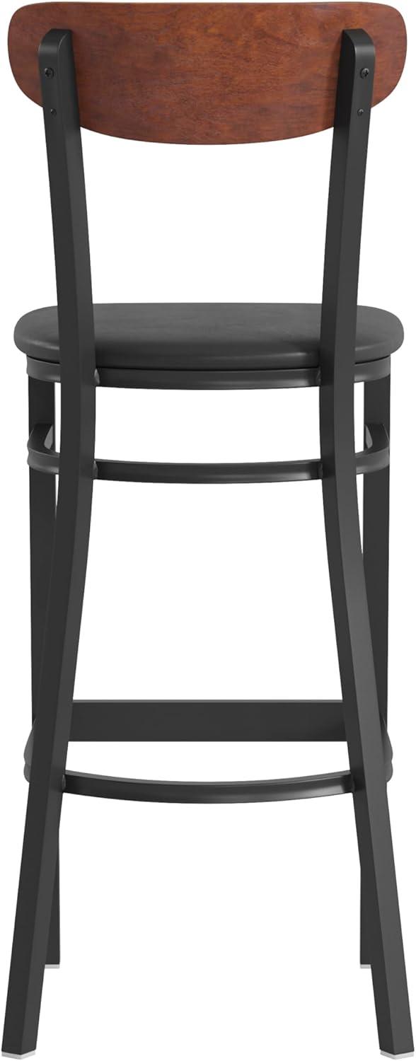 image:imageFlash Furniture Wright Set of 2 Commercial Barstools Walnut Wood Boomerang Back Black Vinyl Seat 500 LB Capacity Black Steel Frame Integrated FootrestWalnut Wood BackBlack Vinyl Seat