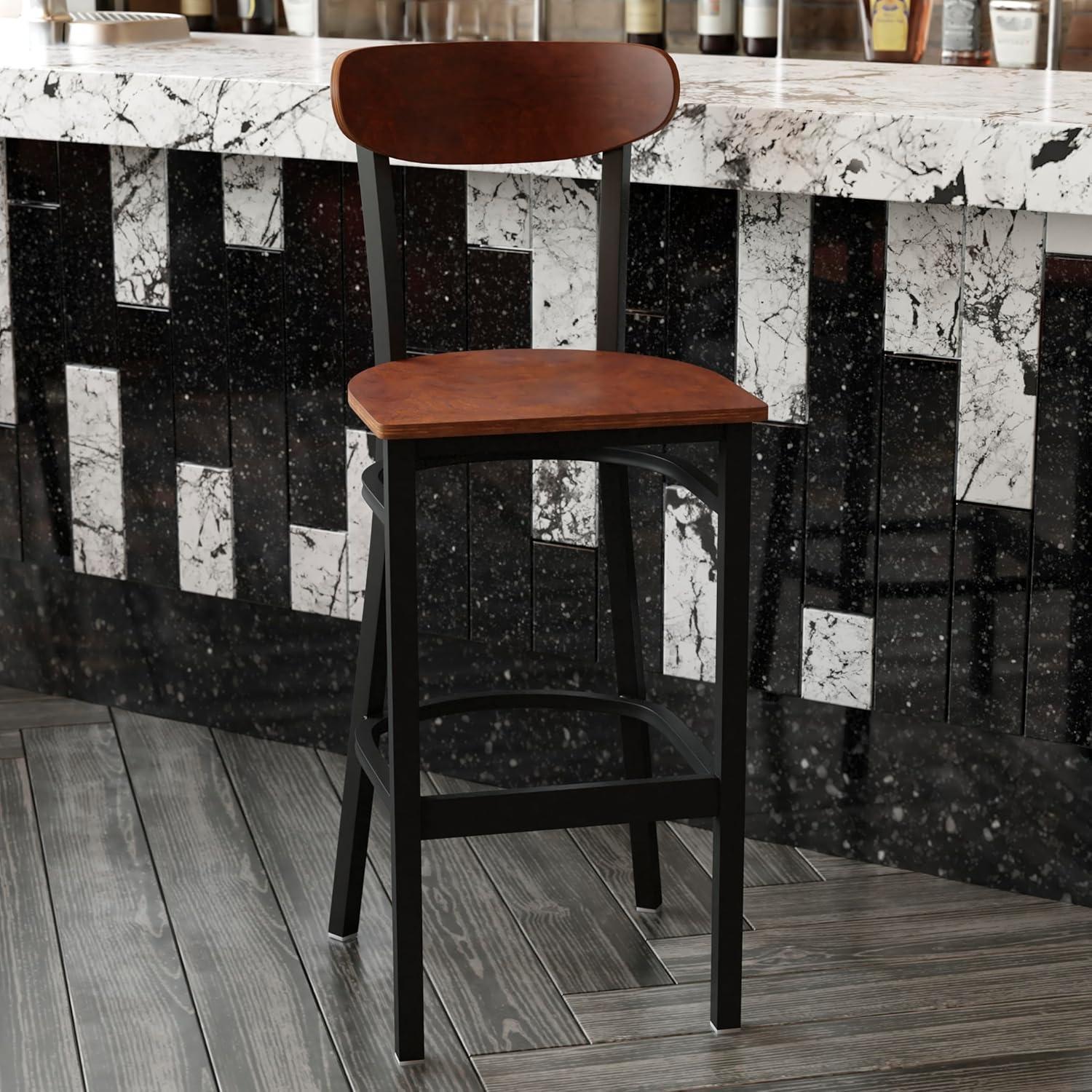 image:imageFlash Furniture Wright Set of 2 Commercial Barstools Walnut Wood Boomerang Back Black Vinyl Seat 500 LB Capacity Black Steel Frame Integrated FootrestWalnut