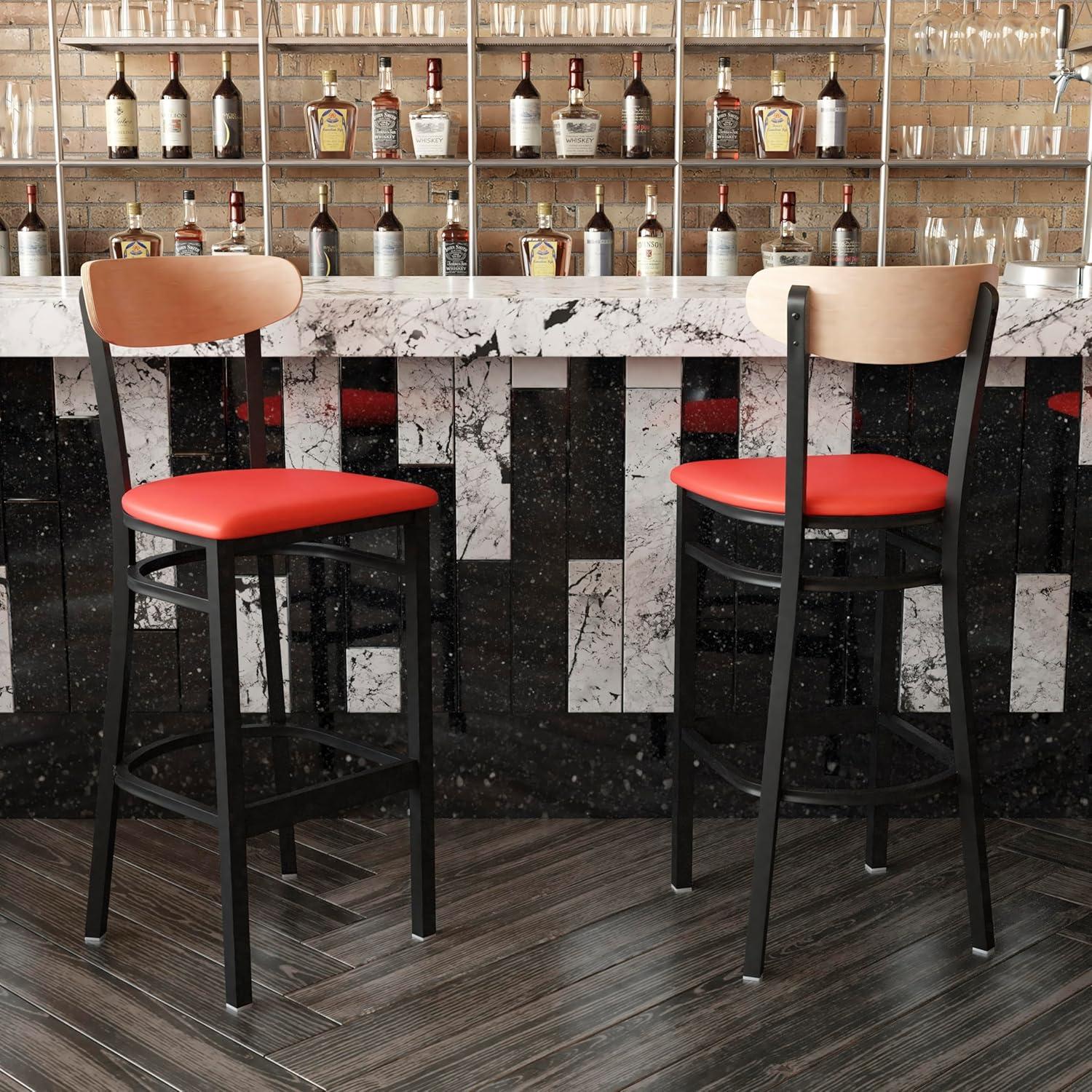 image:imageFlash Furniture Wright Set of 2 Commercial Barstools Walnut Wood Boomerang Back Black Vinyl Seat 500 LB Capacity Black Steel Frame Integrated FootrestNatural Birch Wood BackRed Vinyl Seat
