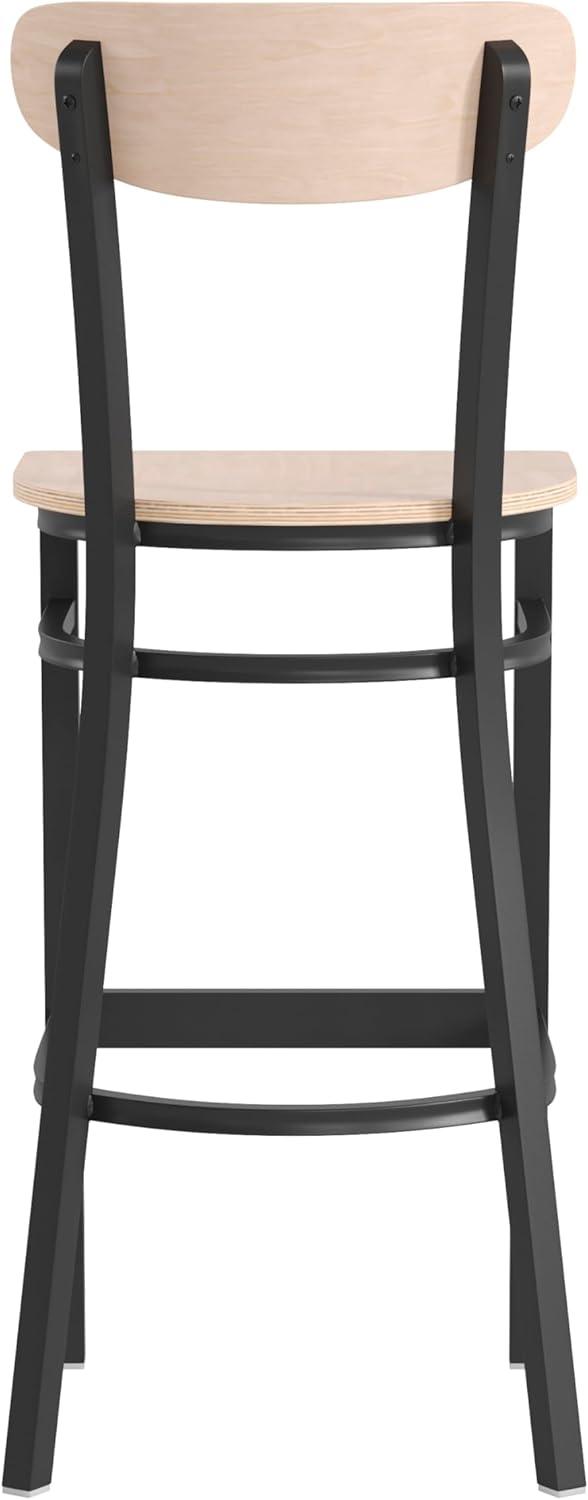 image:imageFlash Furniture Wright Set of 2 Commercial Barstools Walnut Wood Boomerang Back Black Vinyl Seat 500 LB Capacity Black Steel Frame Integrated FootrestNatural Birch