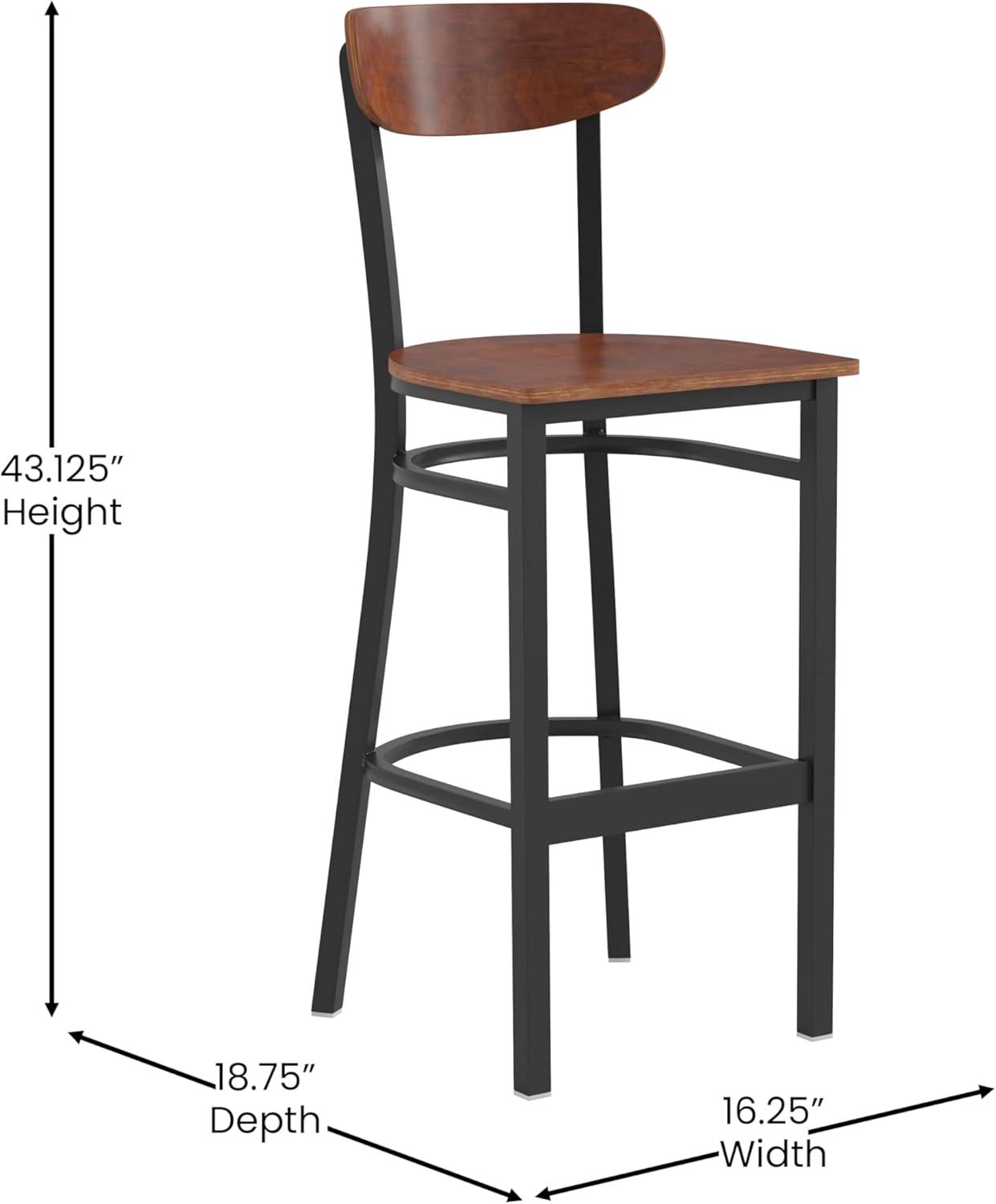 image:imageFlash Furniture Wright Set of 2 Commercial Barstools Walnut Wood Boomerang Back Black Vinyl Seat 500 LB Capacity Black Steel Frame Integrated FootrestWalnut