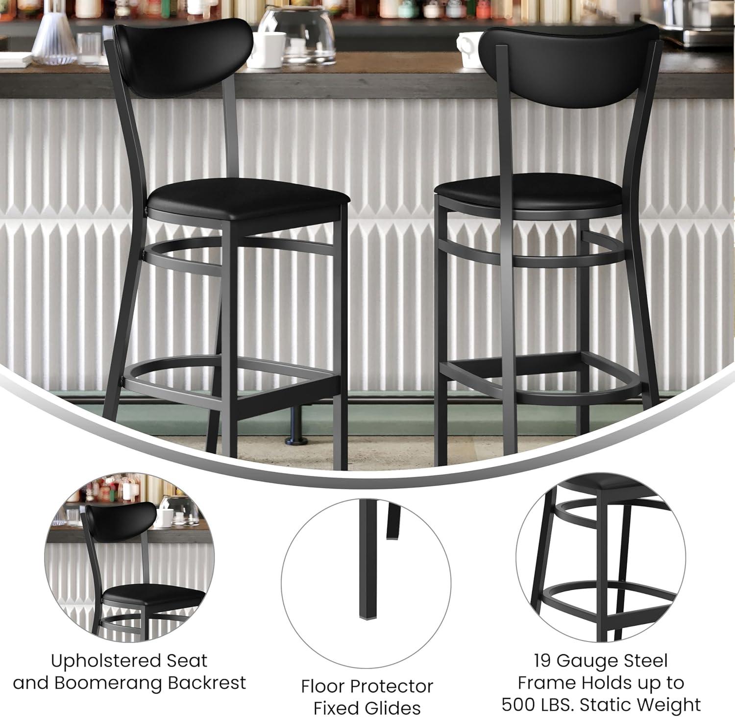 image:imageFlash Furniture Wright Set of 2 Commercial Barstools Walnut Wood Boomerang Back Black Vinyl Seat 500 LB Capacity Black Steel Frame Integrated FootrestBlack Vinyl BackBlack Vinyl Seat