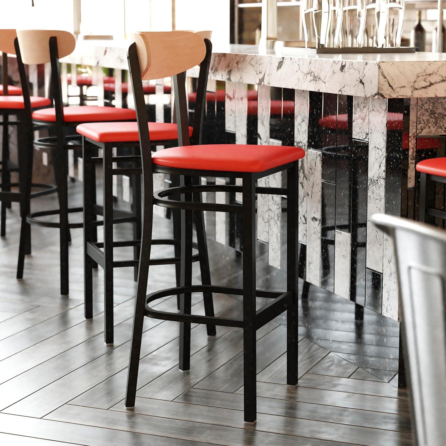 image:imageFlash Furniture Wright Set of 2 Commercial Barstools Walnut Wood Boomerang Back Black Vinyl Seat 500 LB Capacity Black Steel Frame Integrated FootrestNatural Birch Wood BackRed Vinyl Seat