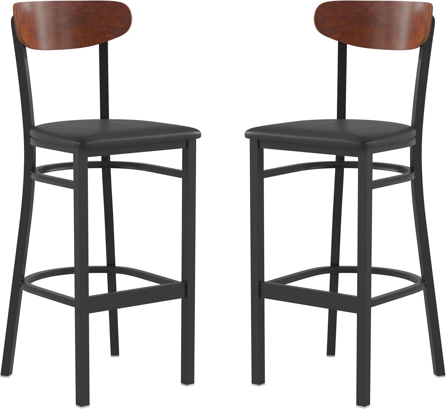 image:imageFlash Furniture Wright Set of 2 Commercial Barstools Walnut Wood Boomerang Back Black Vinyl Seat 500 LB Capacity Black Steel Frame Integrated FootrestWalnut Wood BackBlack Vinyl Seat