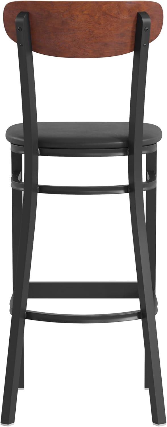 image:imageFlash Furniture Wright Set of 2 Commercial Barstools Walnut Wood Boomerang Back Black Vinyl Seat 500 LB Capacity Black Steel Frame Integrated FootrestWalnut Wood BackBlack Vinyl Seat
