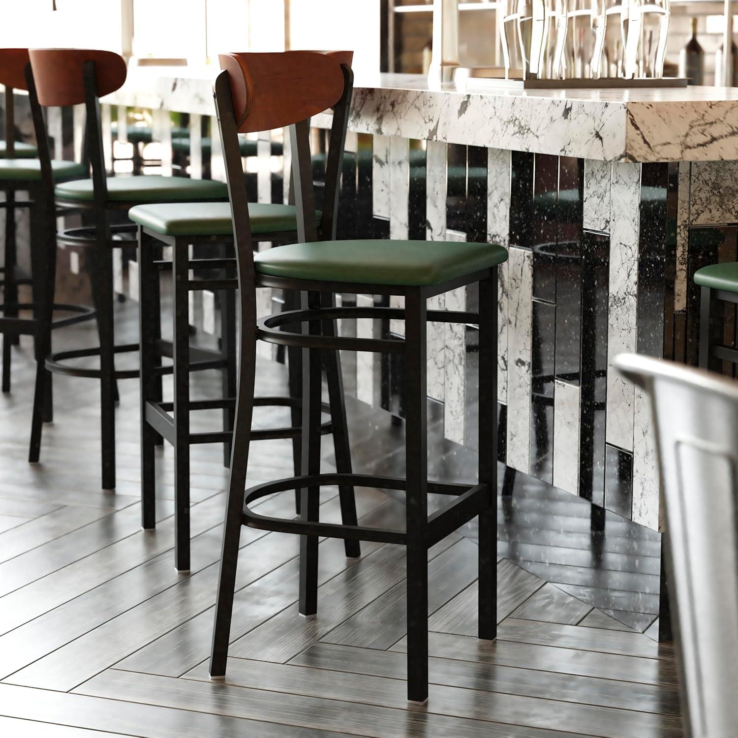 image:imageFlash Furniture Wright Set of 2 Commercial Barstools Walnut Wood Boomerang Back Black Vinyl Seat 500 LB Capacity Black Steel Frame Integrated FootrestWalnut Wood BackGreen Vinyl Seat