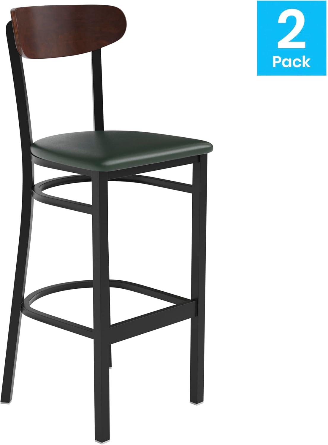 image:imageFlash Furniture Wright Set of 2 Commercial Barstools Walnut Wood Boomerang Back Black Vinyl Seat 500 LB Capacity Black Steel Frame Integrated FootrestWalnut Wood BackGreen Vinyl Seat