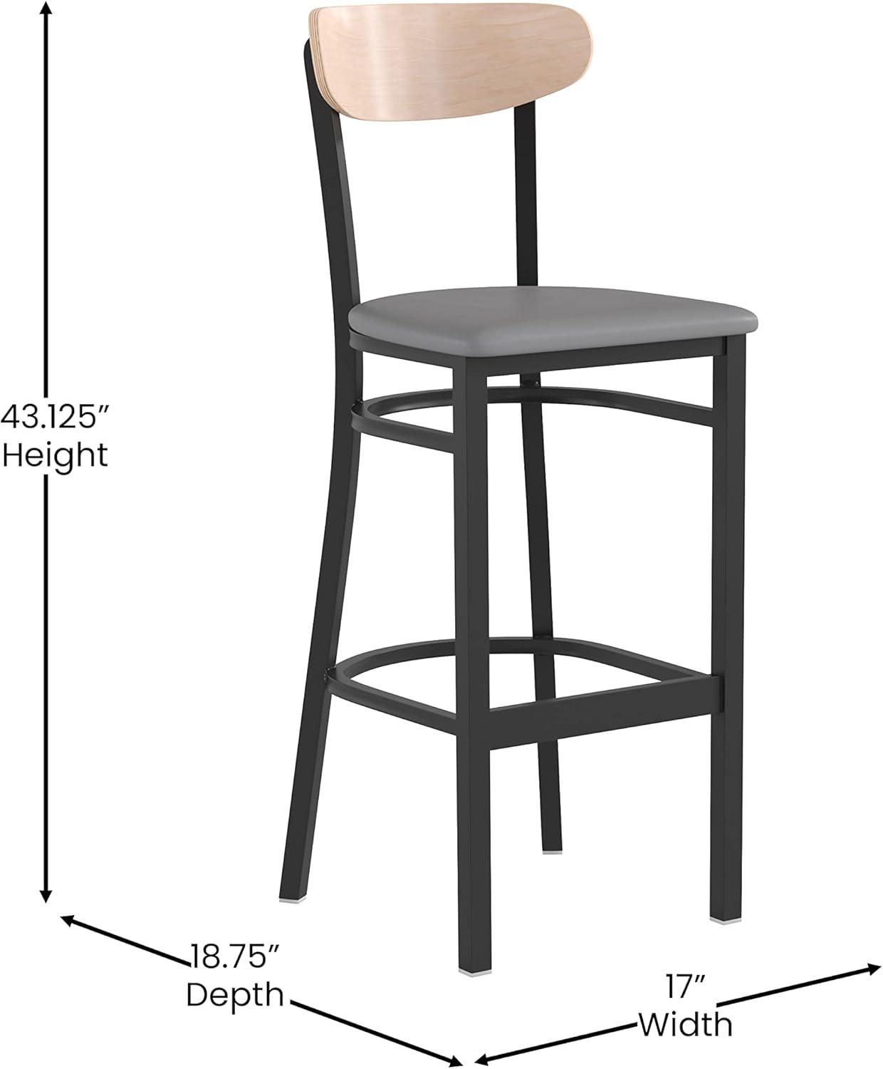image:imageFlash Furniture Wright Set of 2 Commercial Barstools Walnut Wood Boomerang Back Black Vinyl Seat 500 LB Capacity Black Steel Frame Integrated FootrestNatural Birch Wood BackGray Vinyl Seat