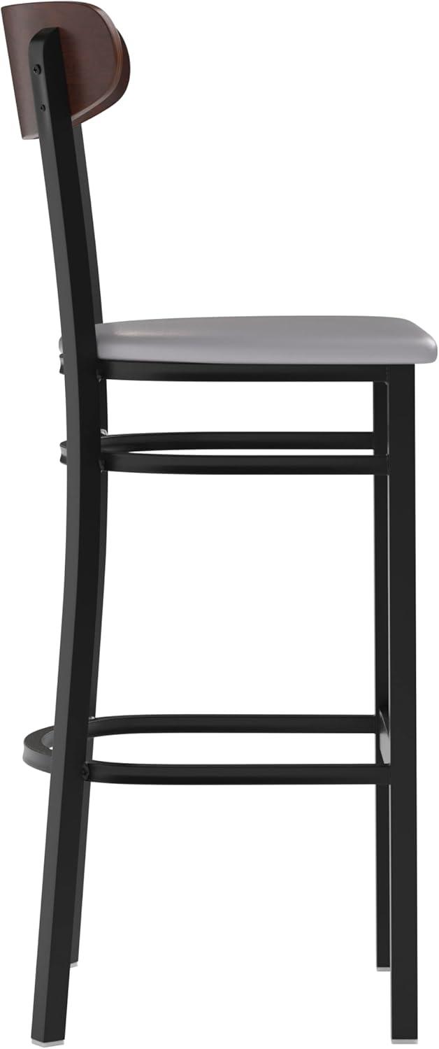 image:imageFlash Furniture Wright Set of 2 Commercial Barstools Walnut Wood Boomerang Back Black Vinyl Seat 500 LB Capacity Black Steel Frame Integrated FootrestWalnut Wood BackGray Vinyl Seat