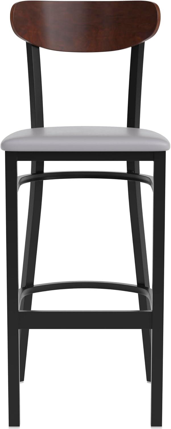 image:imageFlash Furniture Wright Set of 2 Commercial Barstools Walnut Wood Boomerang Back Black Vinyl Seat 500 LB Capacity Black Steel Frame Integrated FootrestWalnut Wood BackGray Vinyl Seat